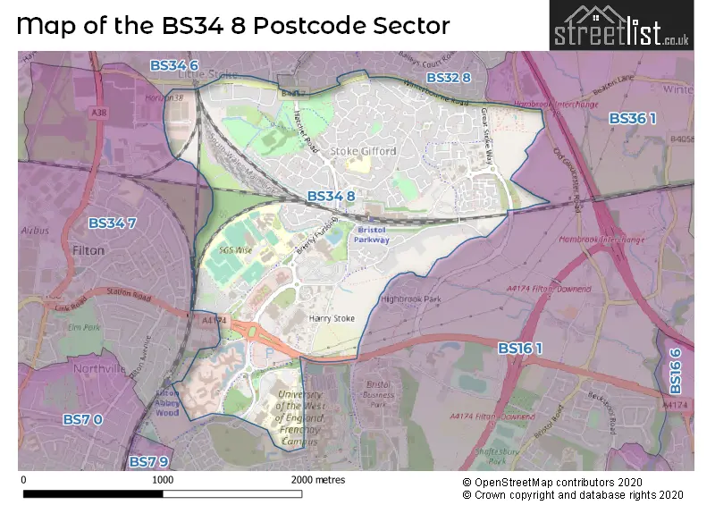 Map of the BS34 8 and surrounding postcode sector