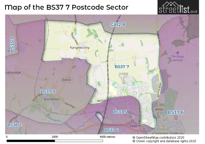 Map of the BS37 7 and surrounding postcode sector