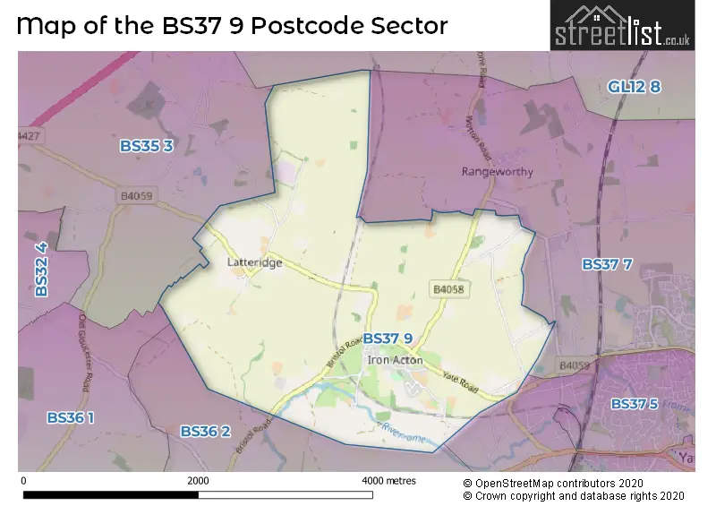 Map of the BS37 9 and surrounding postcode sector