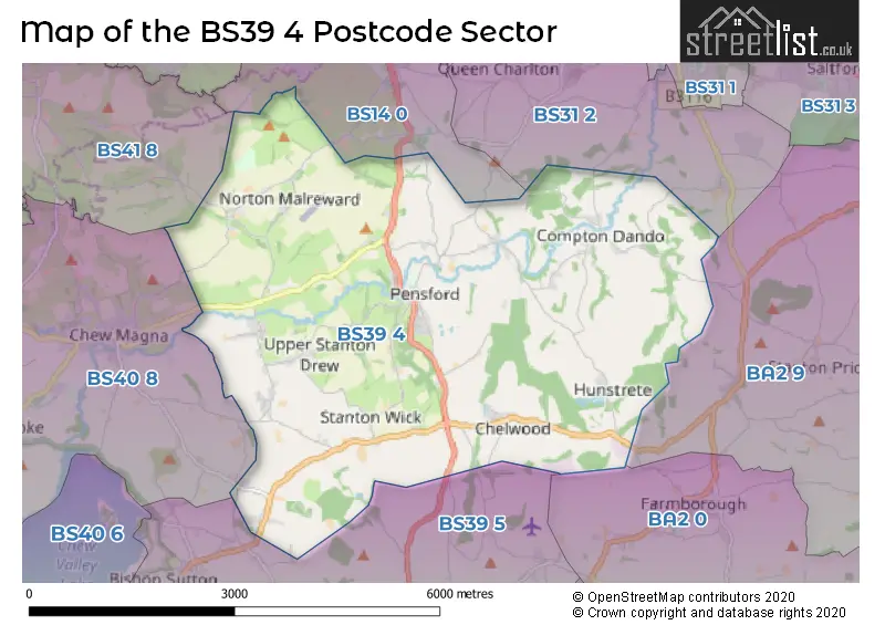Map of the BS39 4 and surrounding postcode sector