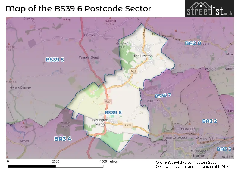 Map of the BS39 6 and surrounding postcode sector