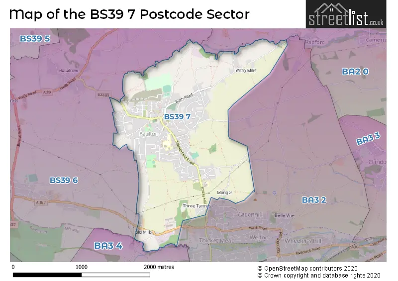 Map of the BS39 7 and surrounding postcode sector