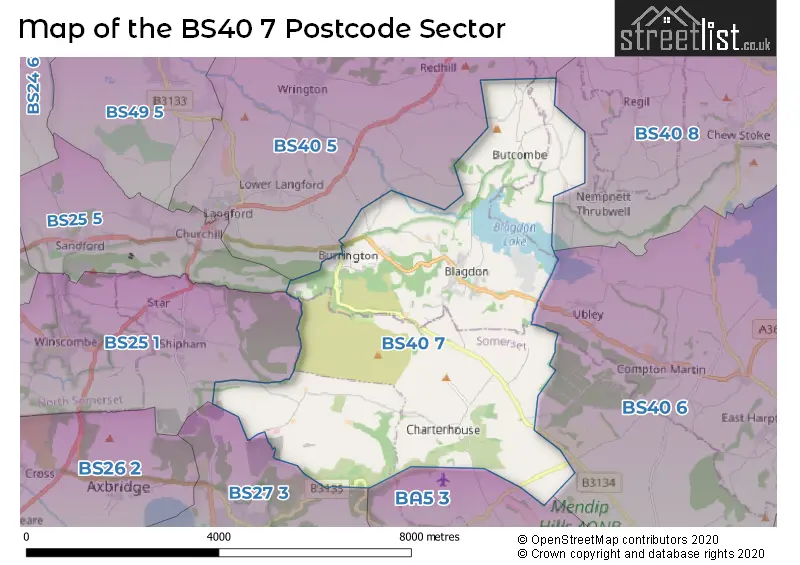 Map of the BS40 7 and surrounding postcode sector