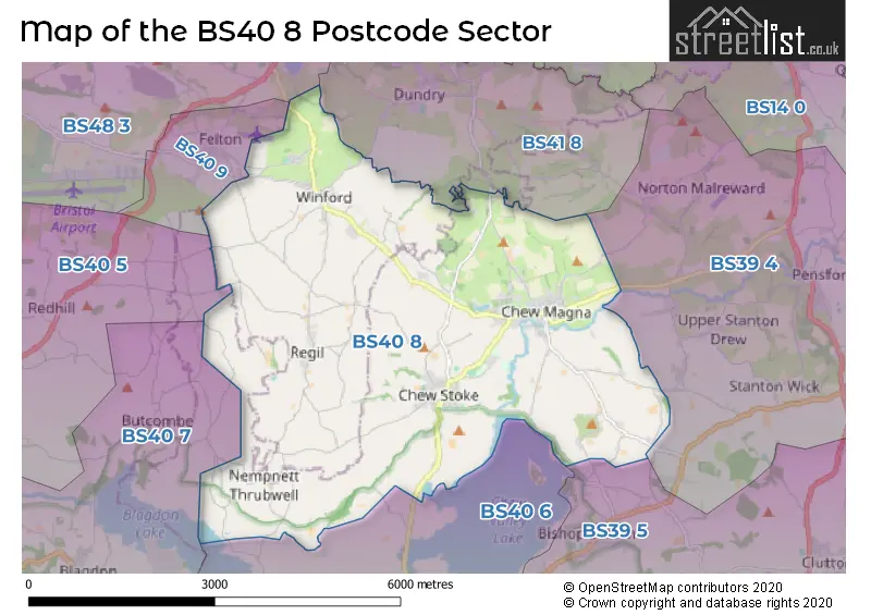 Map of the BS40 8 and surrounding postcode sector