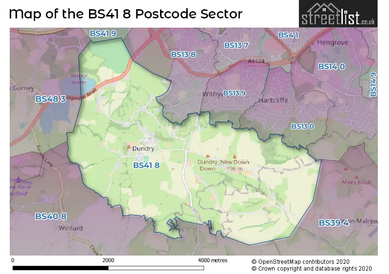 Map of the BS41 8 and surrounding postcode sector