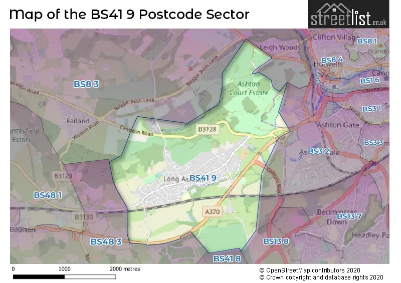Map of the BS41 9 and surrounding postcode sector
