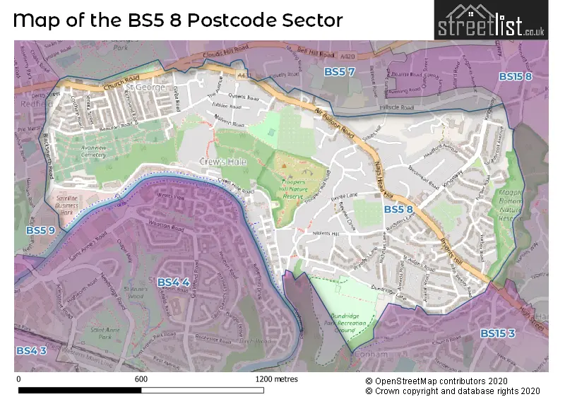 Map of the BS5 8 and surrounding postcode sector