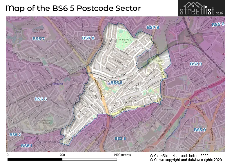 Map of the BS6 5 and surrounding postcode sector
