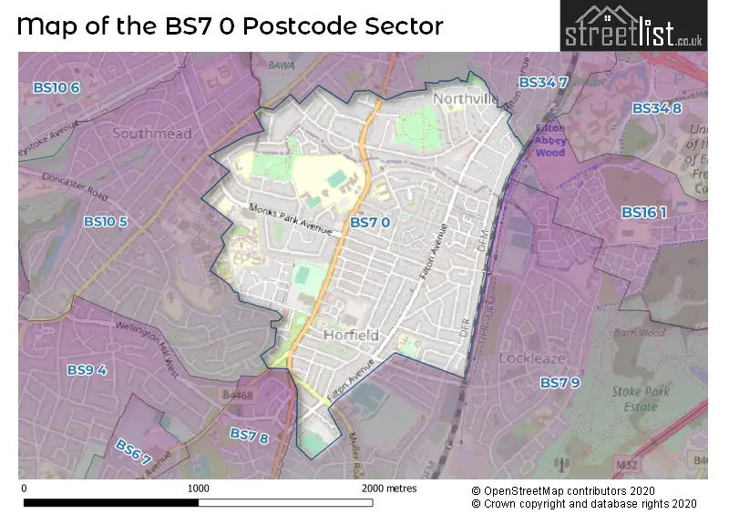 Map of the BS7 0 and surrounding postcode sector