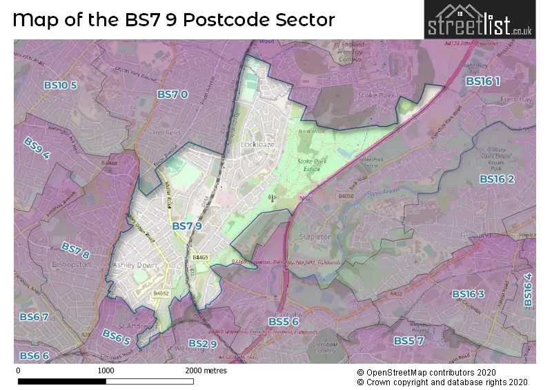 Map of the BS7 9 and surrounding postcode sector
