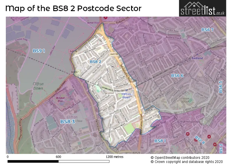Map of the BS8 2 and surrounding postcode sector