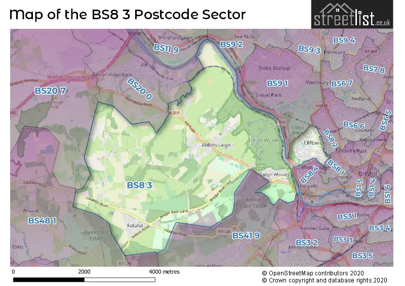 Map of the BS8 3 and surrounding postcode sector