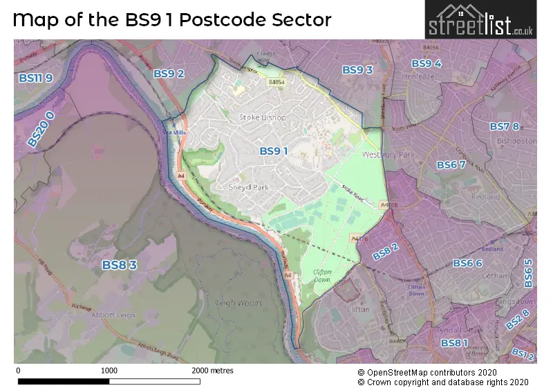 Map of the BS9 1 and surrounding postcode sector