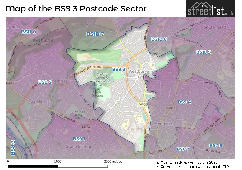 Map of the BS9 3 and surrounding postcode sector
