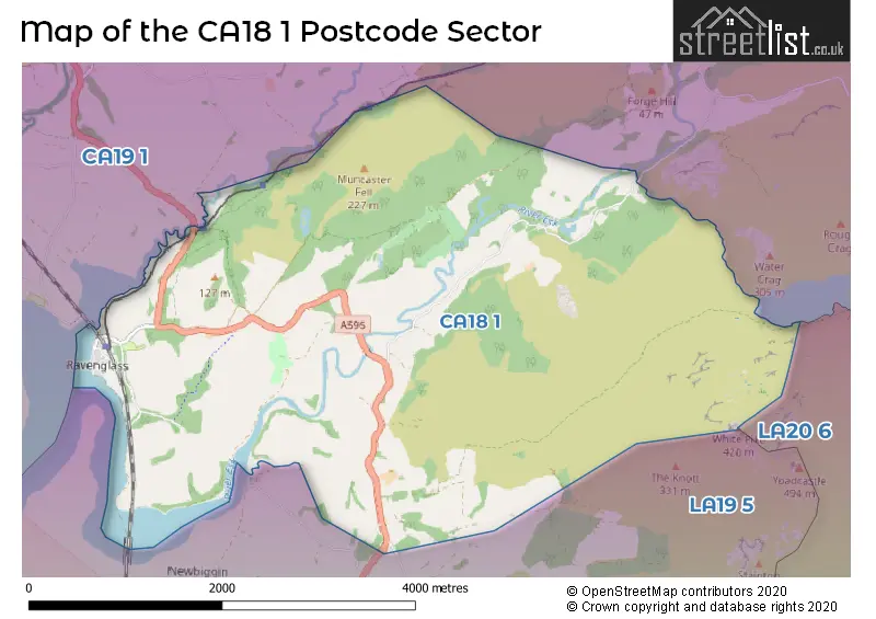 Map of the CA18 1 and surrounding postcode sector