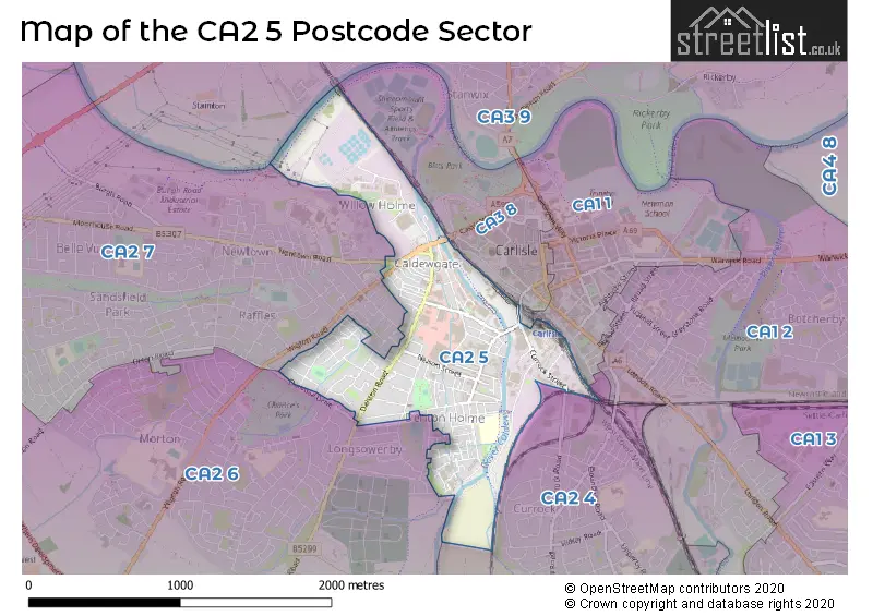 Map of the CA2 5 and surrounding postcode sector