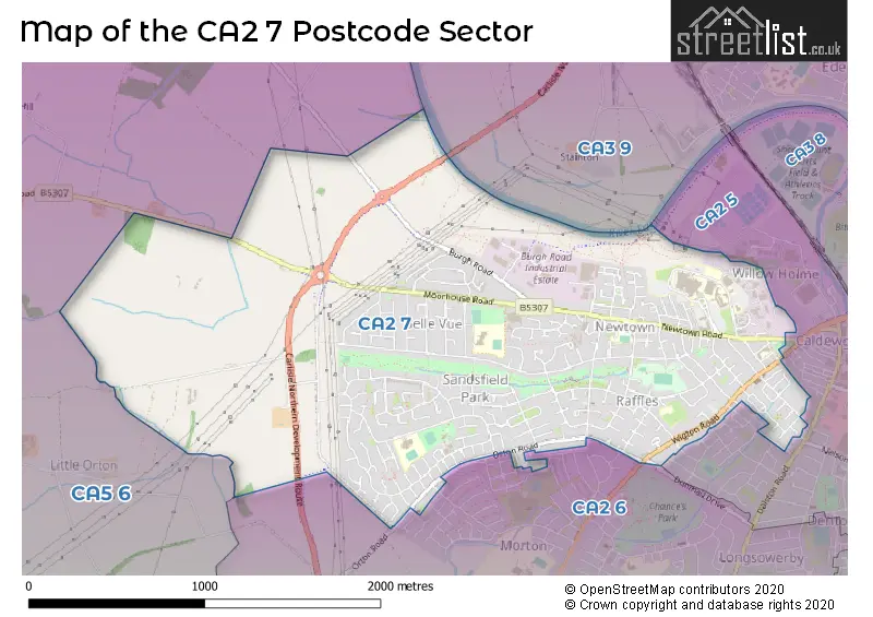 Map of the CA2 7 and surrounding postcode sector