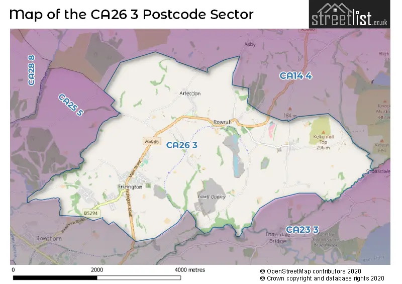 Map of the CA26 3 and surrounding postcode sector