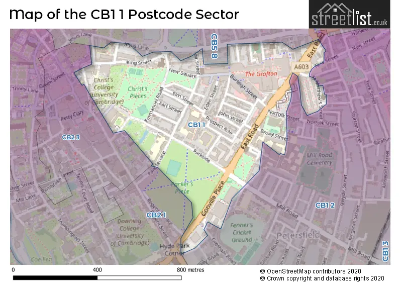Map of the CB1 1 and surrounding postcode sector