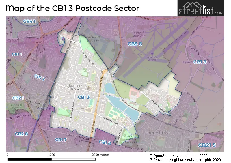 Map of the CB1 3 and surrounding postcode sector