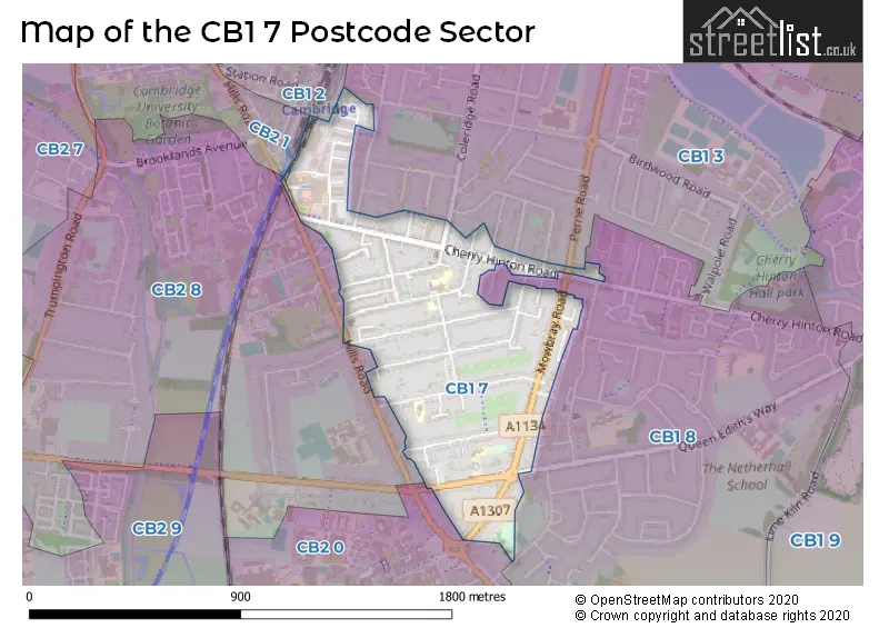Map of the CB1 7 and surrounding postcode sector