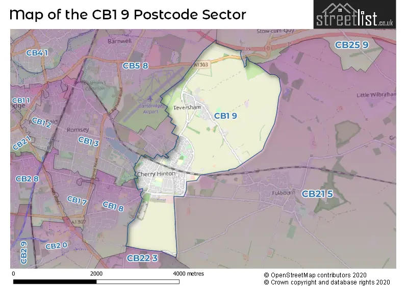Map of the CB1 9 and surrounding postcode sector