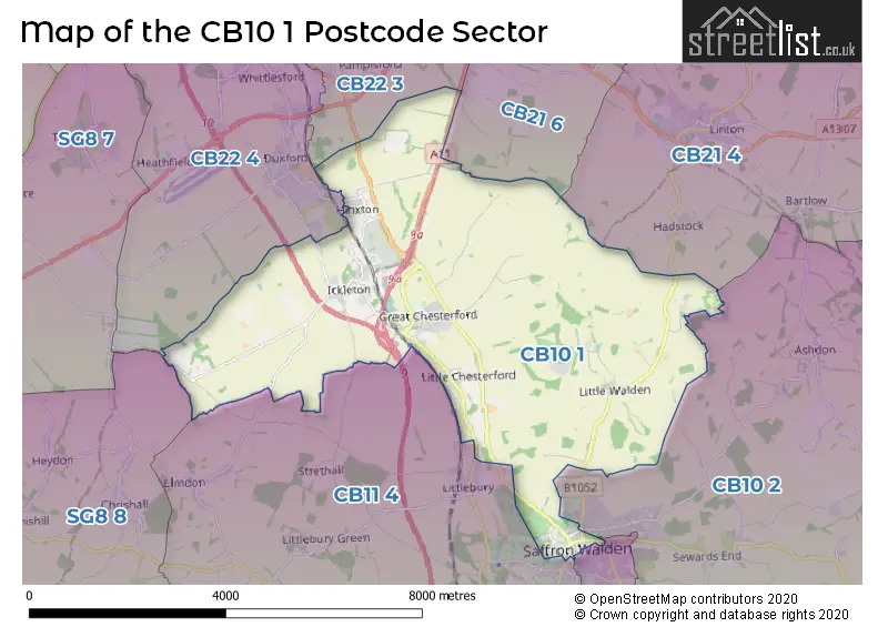 Map of the CB10 1 and surrounding postcode sector