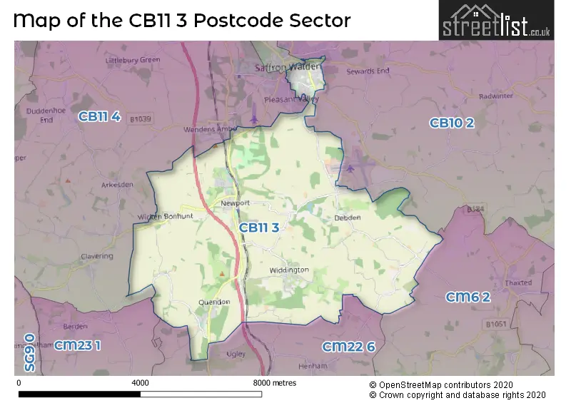 Map of the CB11 3 and surrounding postcode sector