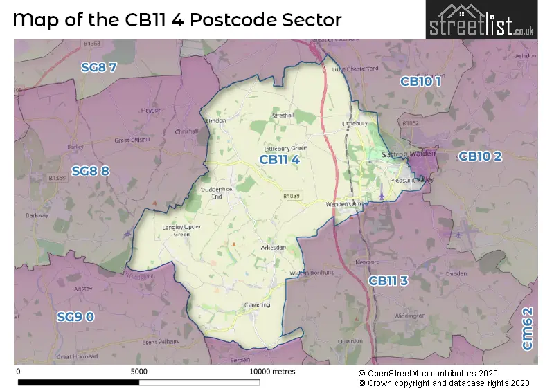 Map of the CB11 4 and surrounding postcode sector