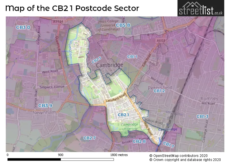 Map of the CB2 1 and surrounding postcode sector