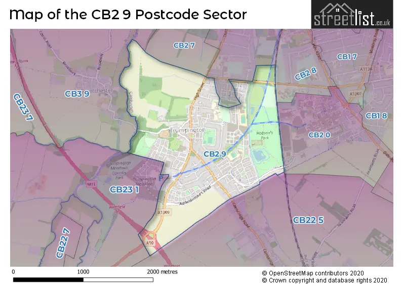 Map of the CB2 9 and surrounding postcode sector