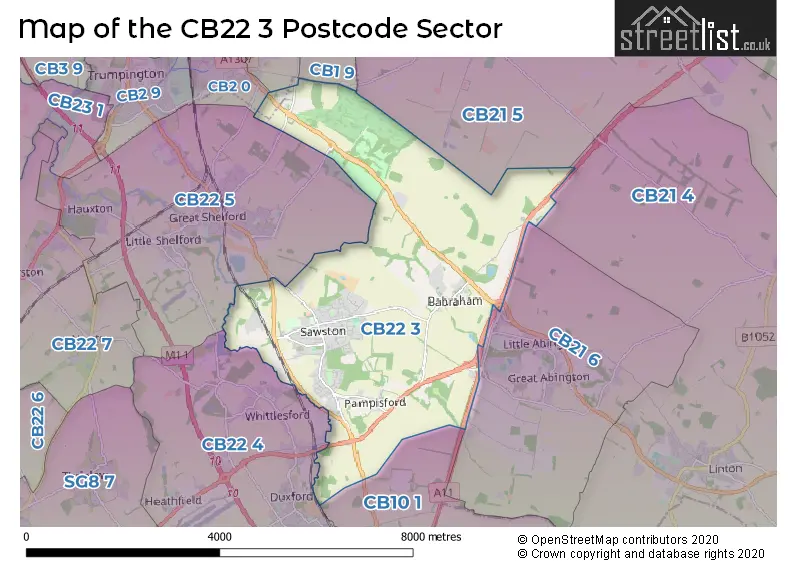 Map of the CB22 3 and surrounding postcode sector