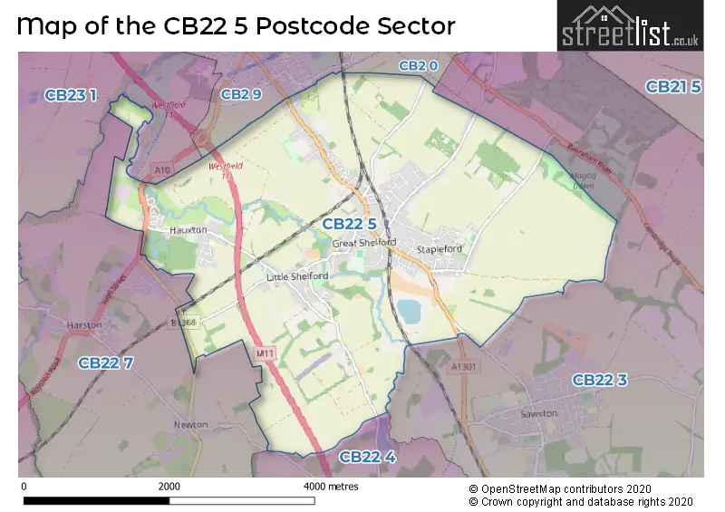 Map of the CB22 5 and surrounding postcode sector