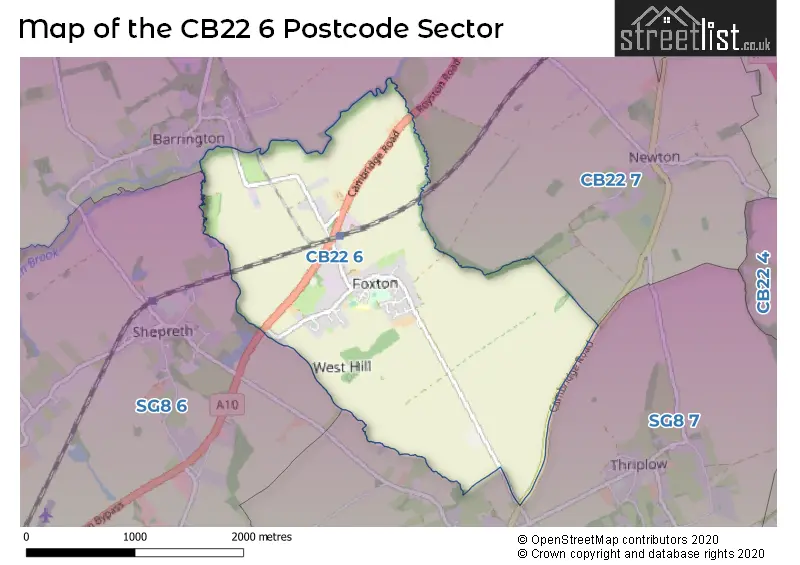 Map of the CB22 6 and surrounding postcode sector