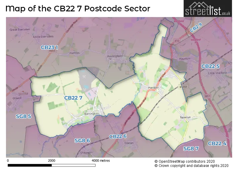 Map of the CB22 7 and surrounding postcode sector