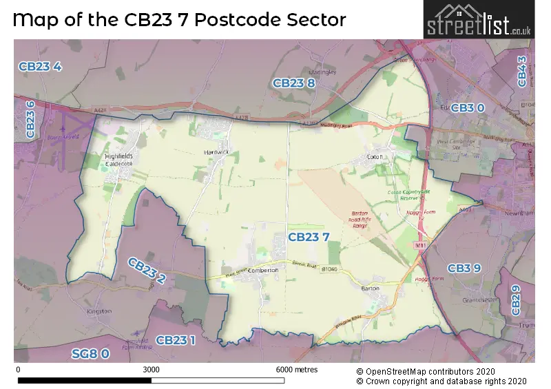 Map of the CB23 7 and surrounding postcode sector