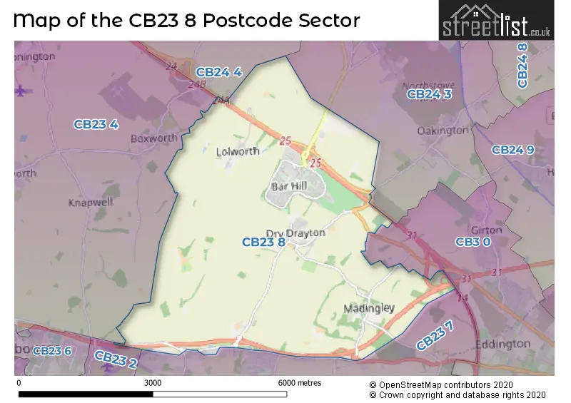 Map of the CB23 8 and surrounding postcode sector