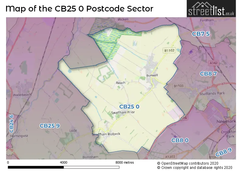 Map of the CB25 0 and surrounding postcode sector