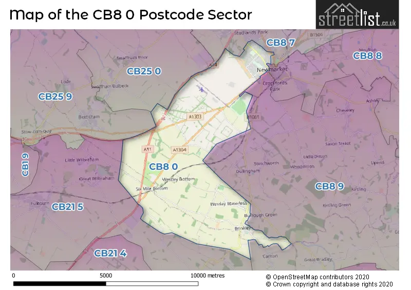 Map of the CB8 0 and surrounding postcode sector