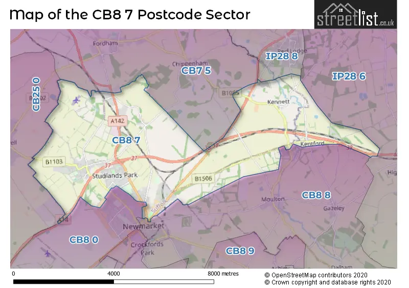 Map of the CB8 7 and surrounding postcode sector
