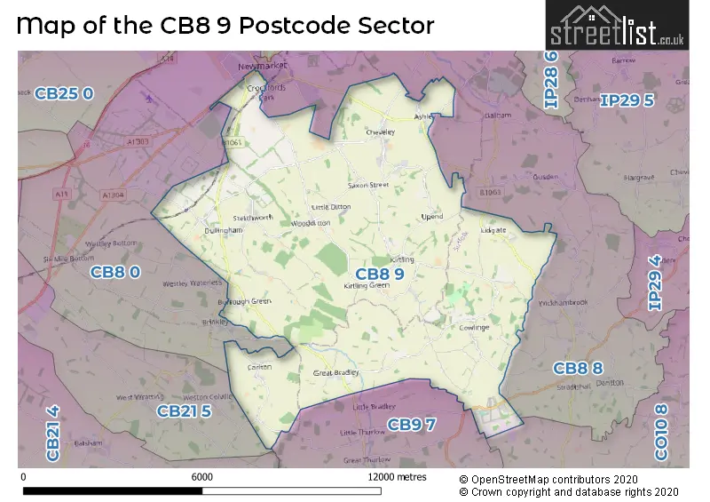 Map of the CB8 9 and surrounding postcode sector