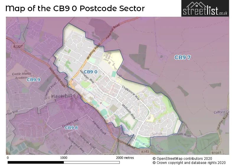 Map of the CB9 0 and surrounding postcode sector