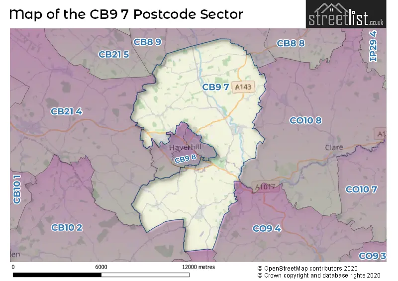 Map of the CB9 7 and surrounding postcode sector