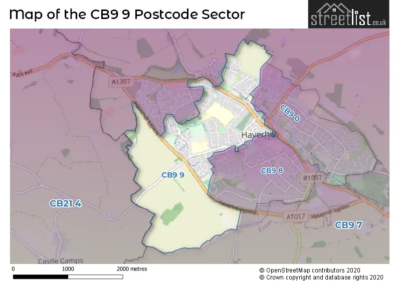 Map of the CB9 9 and surrounding postcode sector