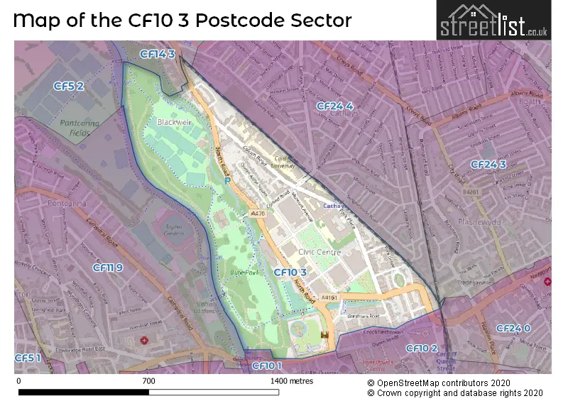 Map of the CF10 3 and surrounding postcode sector