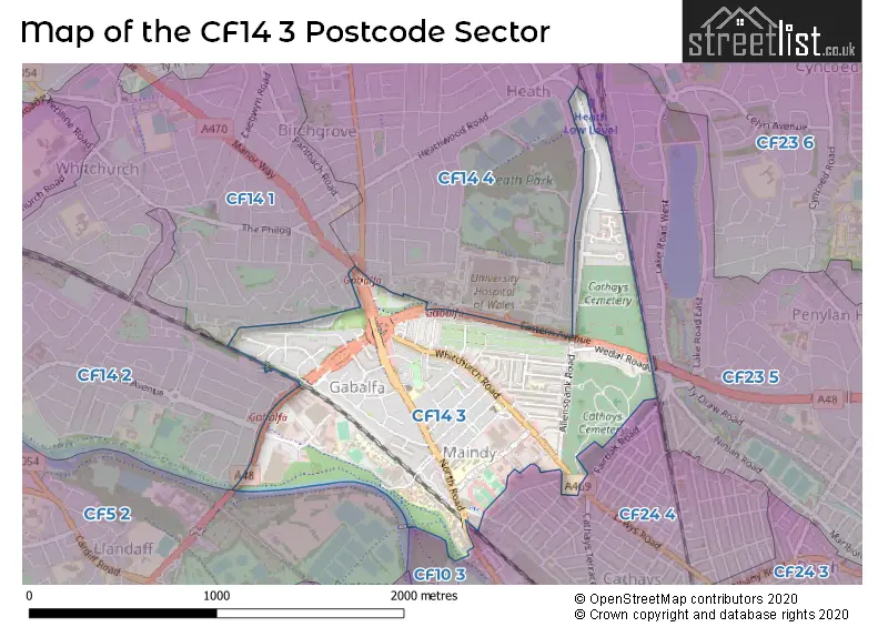 Map of the CF14 3 and surrounding postcode sector