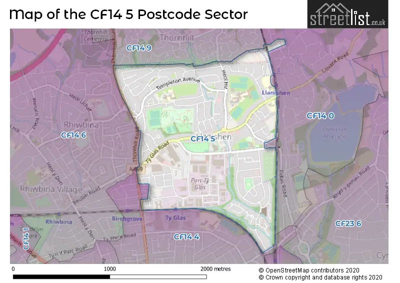Map of the CF14 5 and surrounding postcode sector