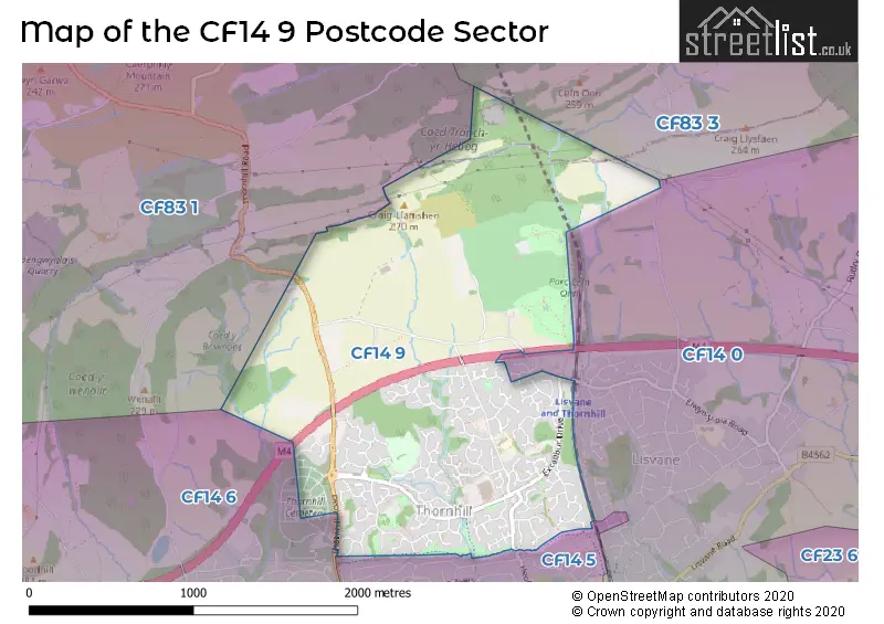 Map of the CF14 9 and surrounding postcode sector