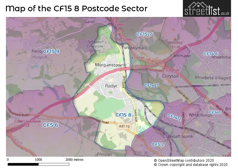 Map of the CF15 8 and surrounding postcode sector