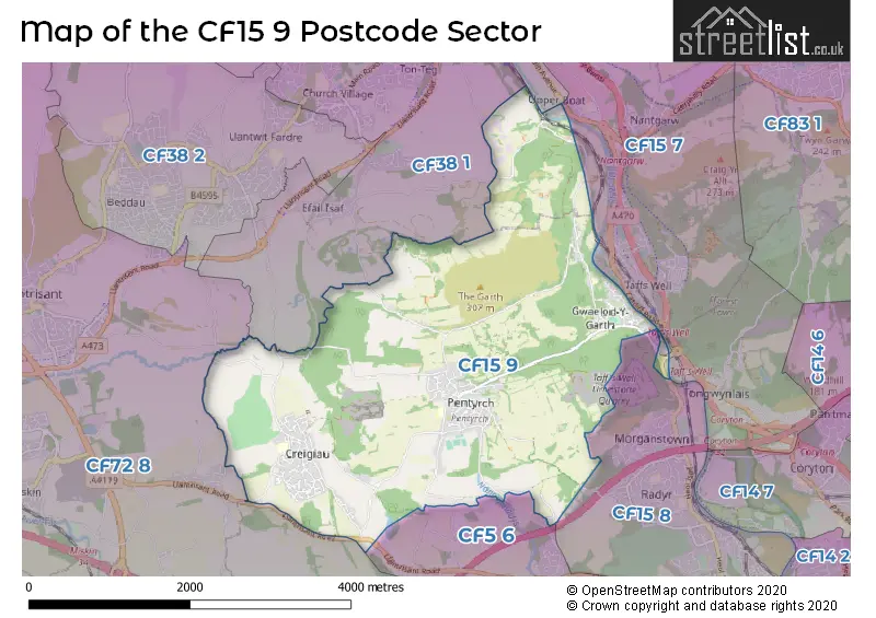 Map of the CF15 9 and surrounding postcode sector